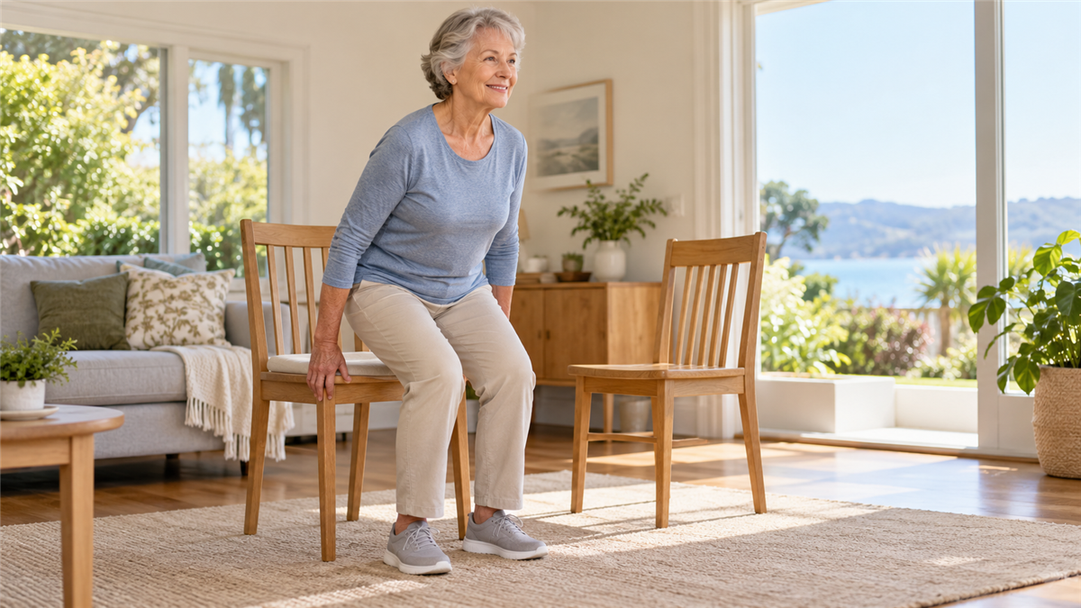 Older adult standing up from a sturdy chair in a bright home living room