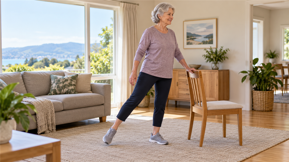 Older adult practising a supported side step beside a sturdy chair in a bright home living room