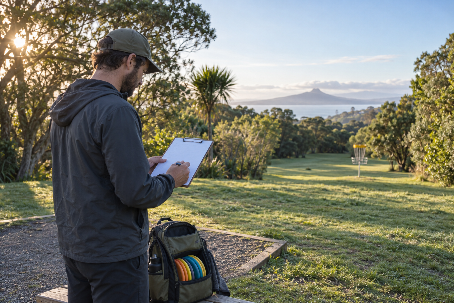 A disc golfer checks a blank pre-round checklist beside a bag on a park course at sunrise.