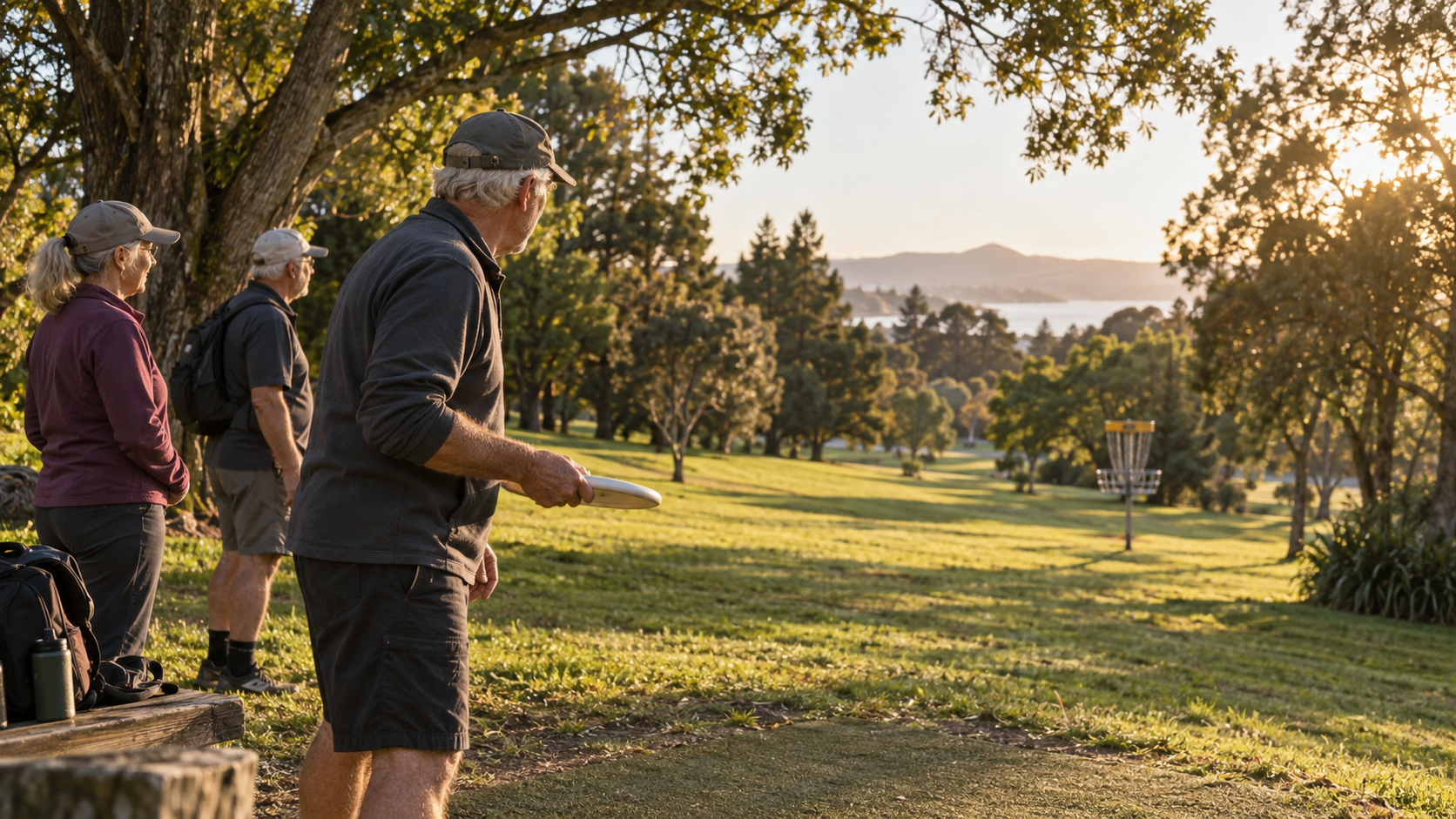 Mature disc golfers prepare for a round on a sunlit park course with a basket ahead.