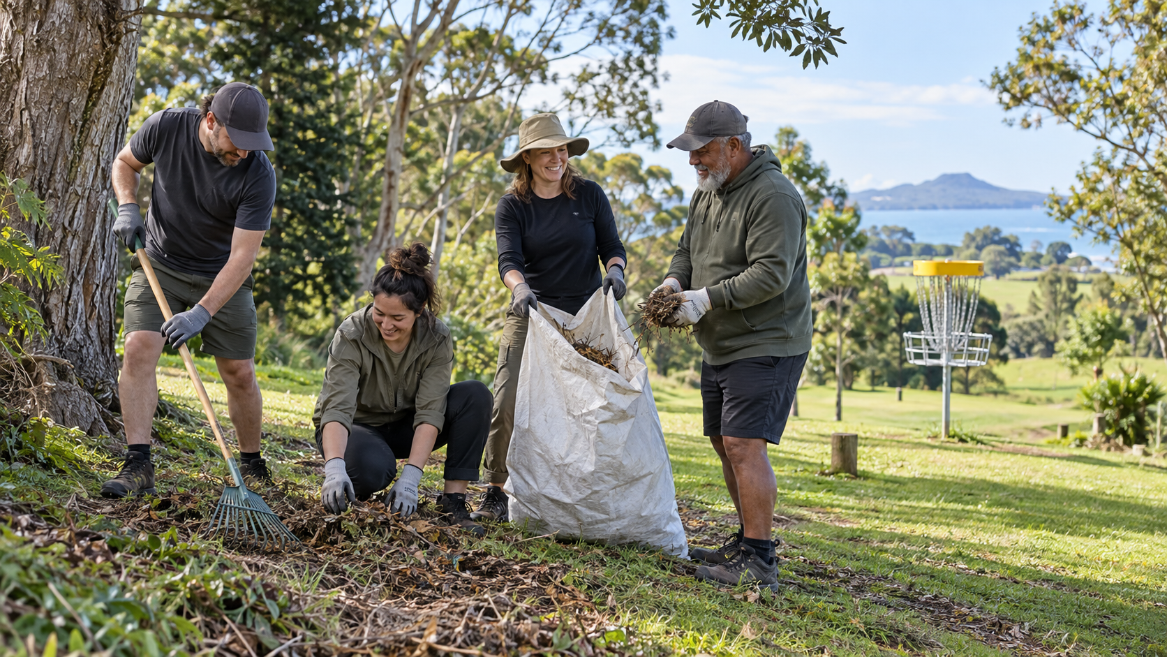 Community disc golfers collect leaves and tidy a park course beside a basket on a sunny morning.