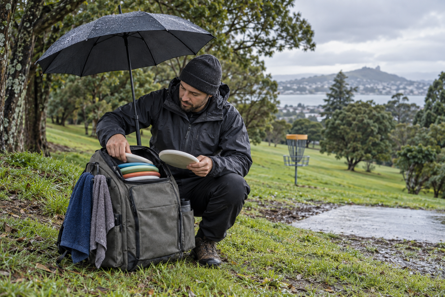 Disc golfer checks dry discs and towels beside a bag under an umbrella on a damp park course.