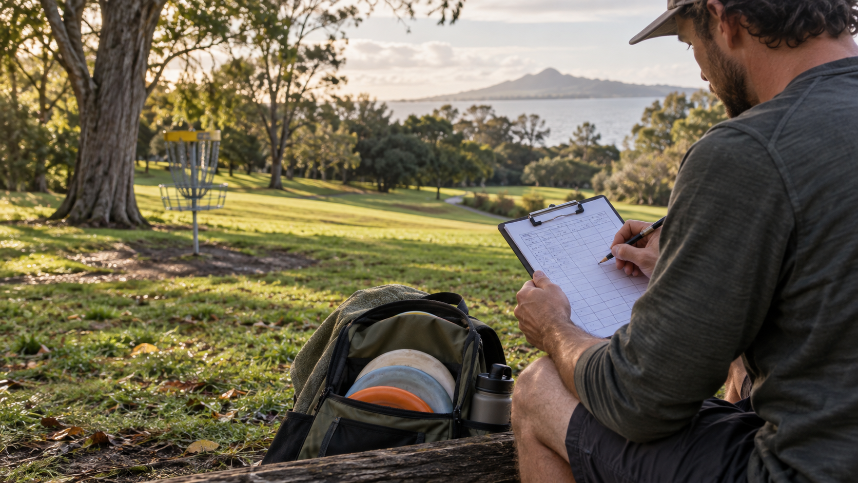 Disc golfer reviews a round debrief sheet beside a disc golf bag on a New Zealand park course.