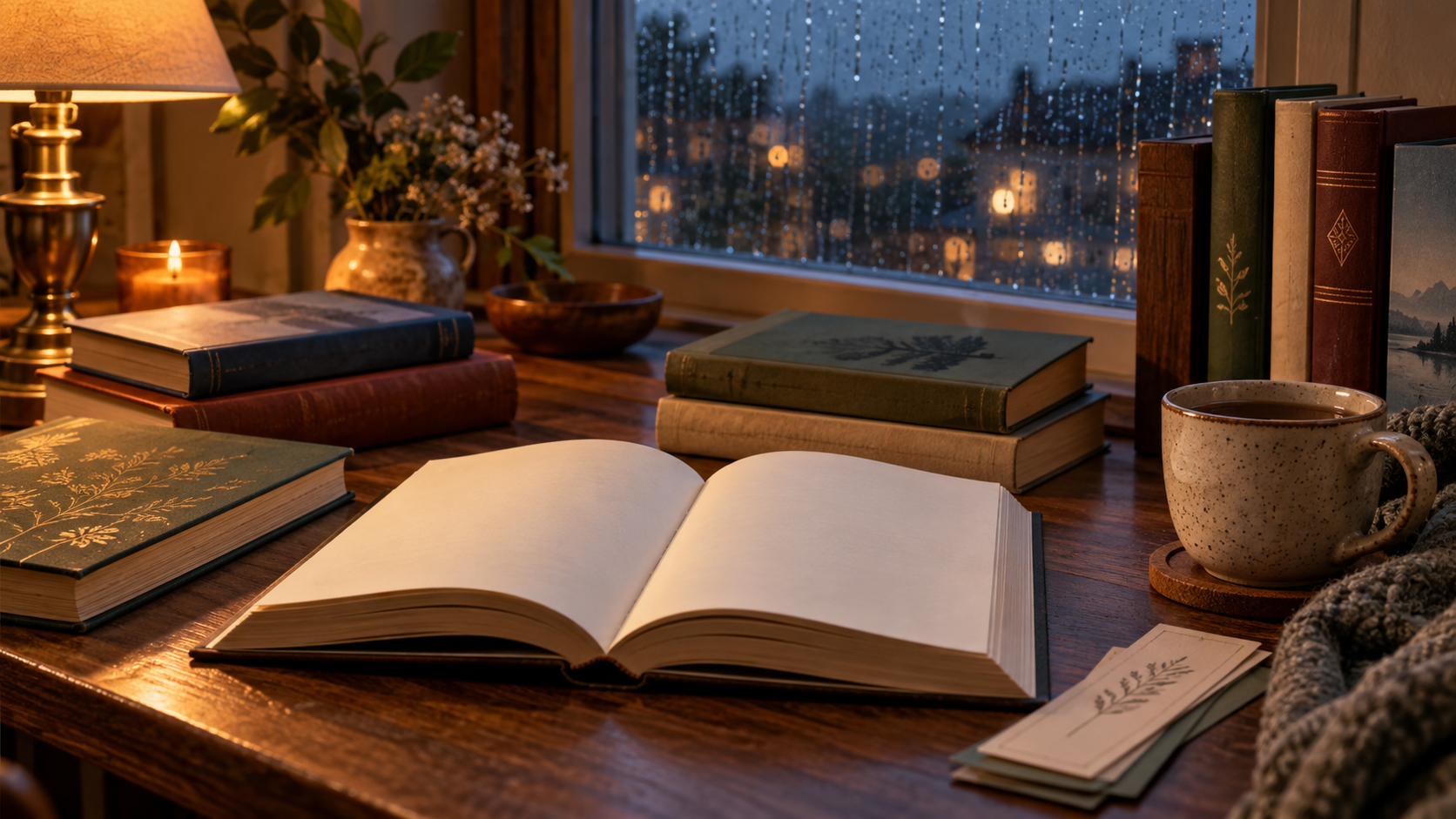 An open blank book sits on a warm wooden table surrounded by several books beside a rainy window.