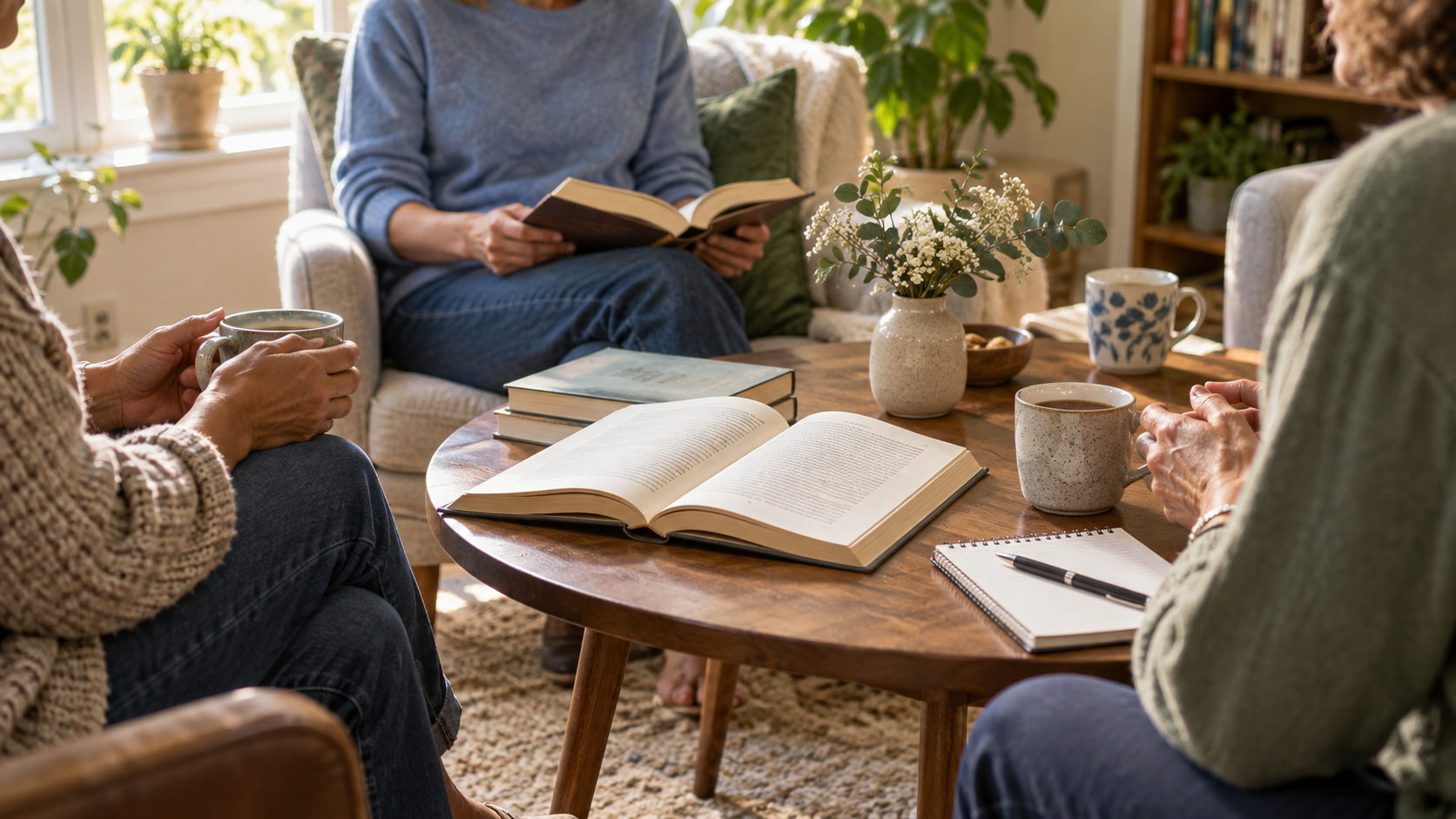 Three readers gather around an open book and cups of tea in a bright, comfortable living room.