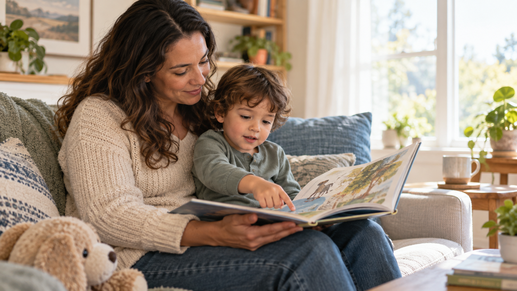 A caregiver and young child share an open picture book together in a bright, comfortable reading nook.