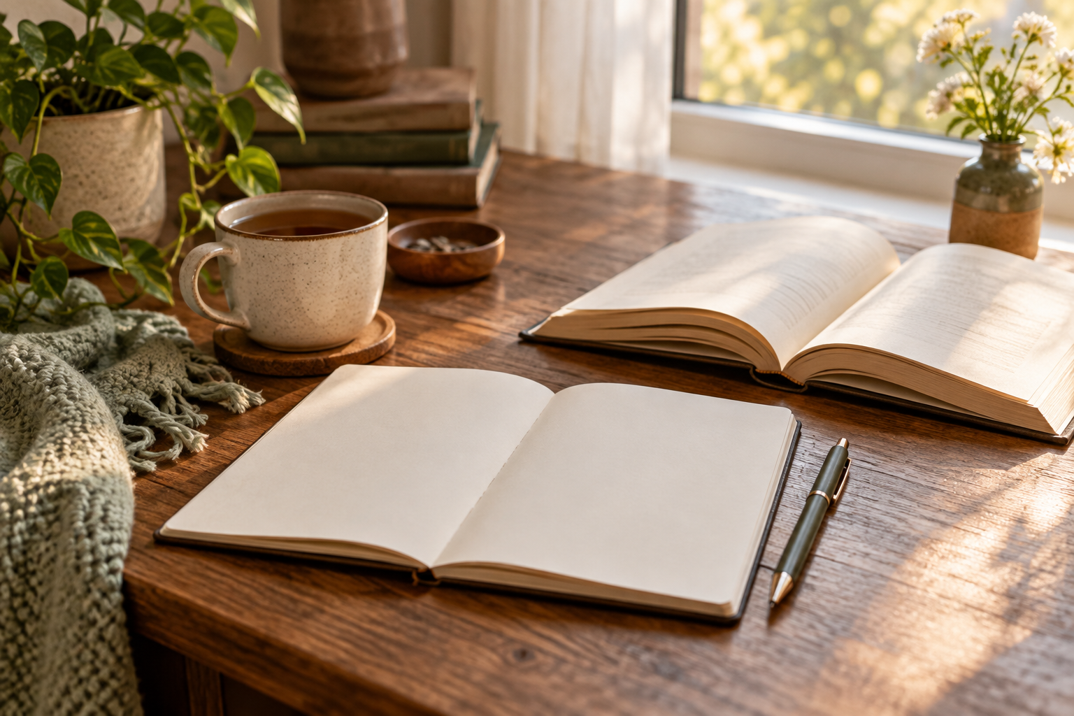 An open blank notebook and pen sit beside an open book and cup of tea on a sunlit desk.