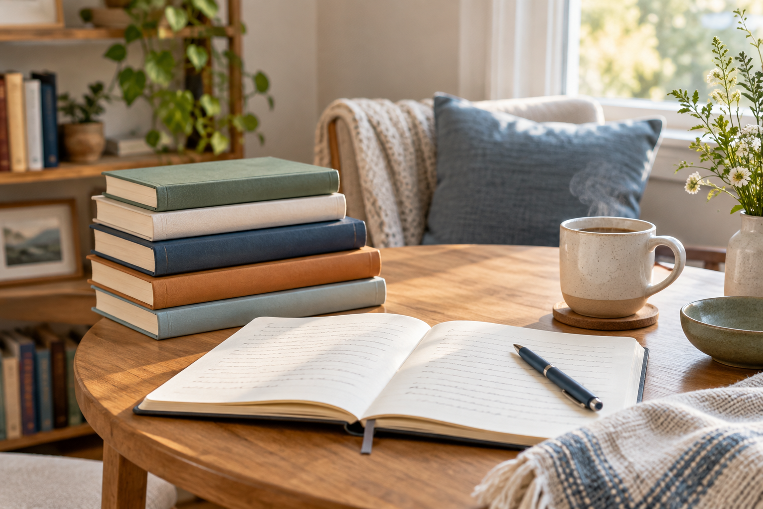 A blank reading notebook, pen, and stack of books sit beside a warm mug in a sunlit reading corner.