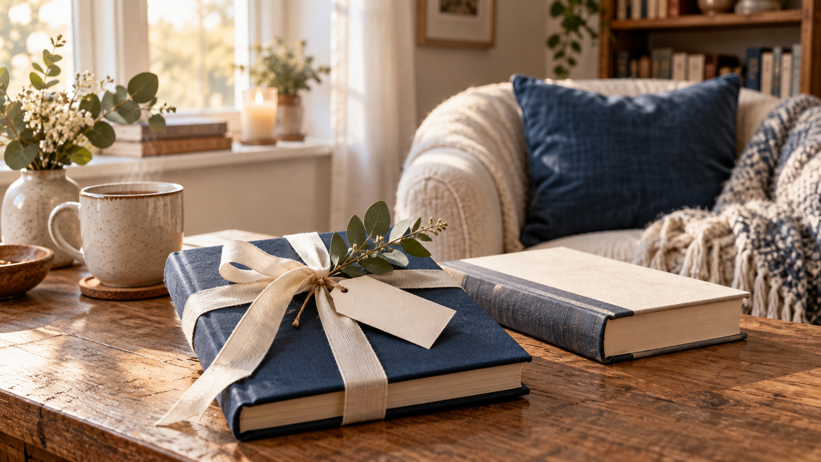 A wrapped blue book with a cream ribbon sits beside another book in a warm reading nook.