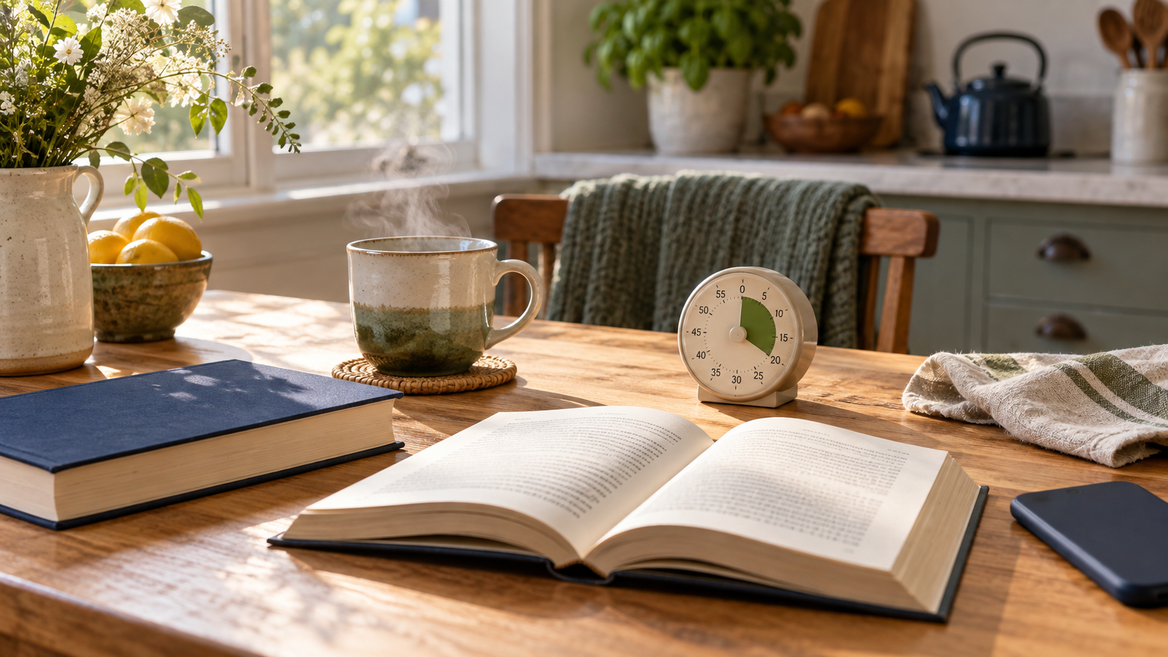 An open book, tea mug, and simple timer sit on a sunlit kitchen table ready for a short reading session.