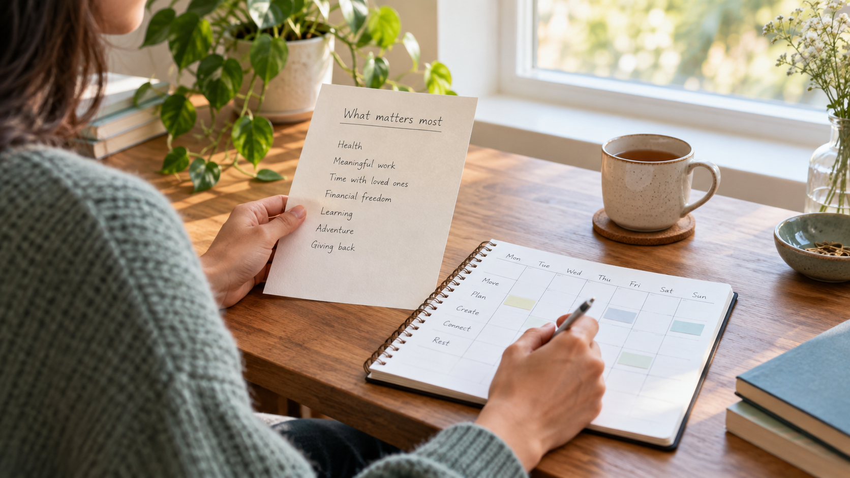 Person comparing a handwritten values list and weekly planner at a sunny table