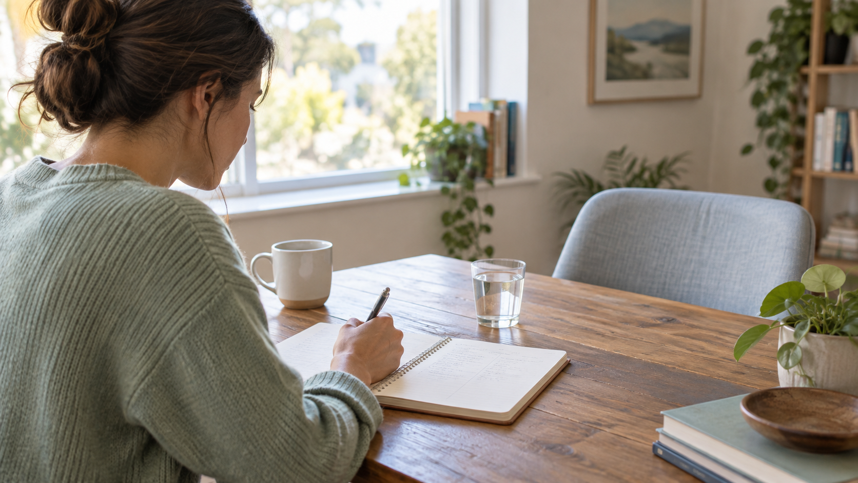 A person calmly writing a conversation plan at a sunlit table with an empty chair opposite