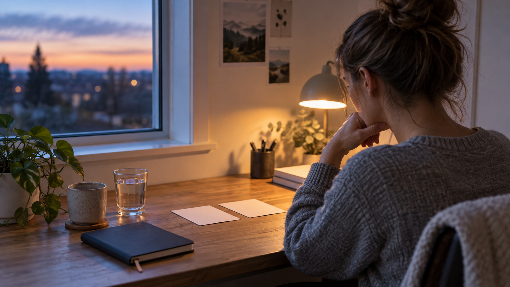A person pausing at an evening desk before choosing between two task cards