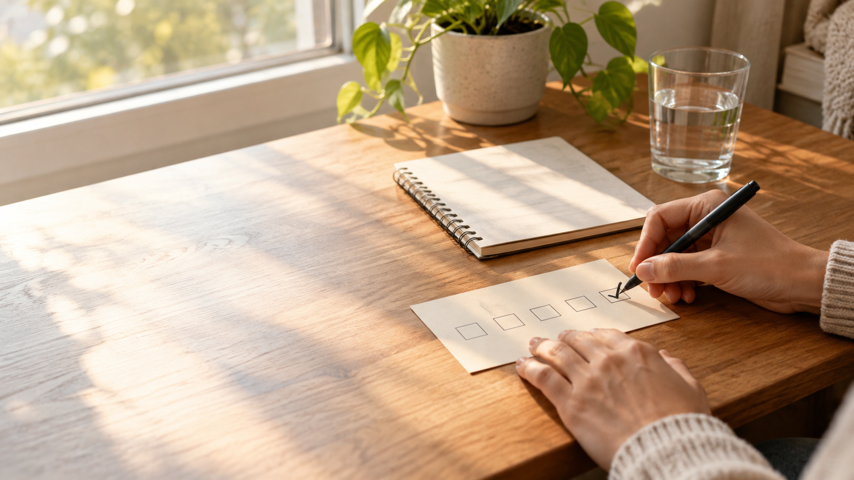 A person checking one fresh box on a simple paper habit tracker at a sunlit desk