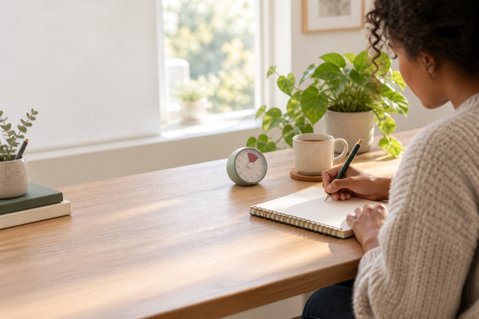 Person writing an if-then action plan at a sunlit desk beside a timer and tea