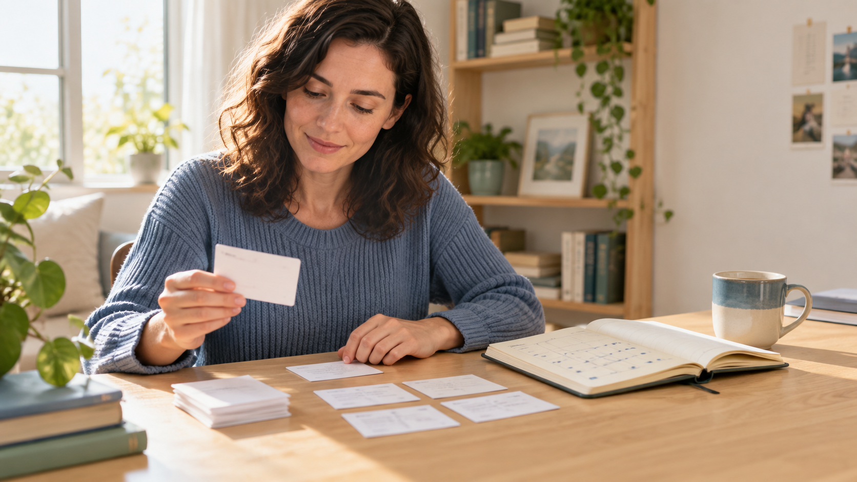 Adult learner reviewing handwritten flashcards at a sunlit desk