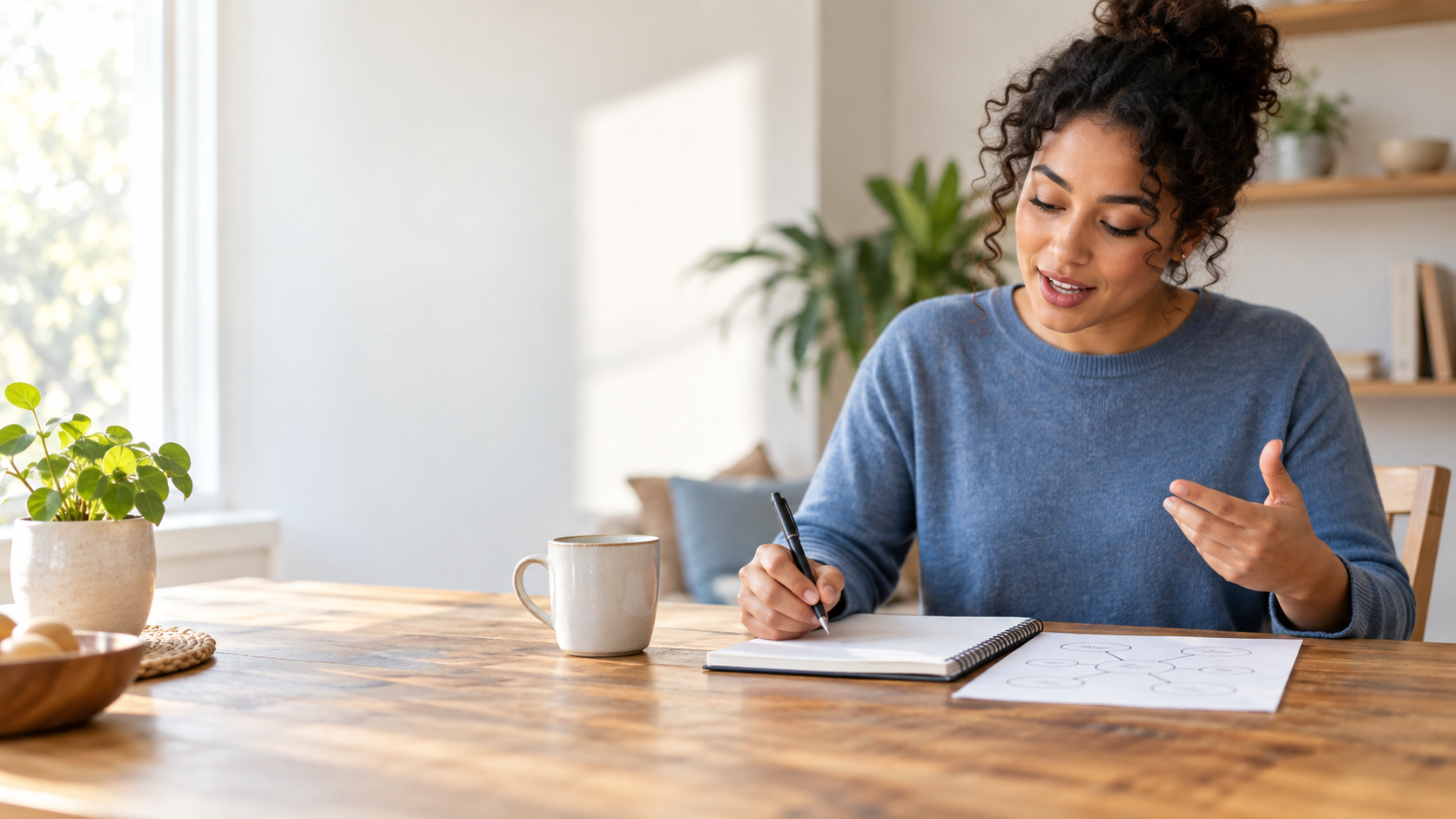 Adult learner explaining a concept aloud while sketching a simple concept map in a notebook at a sunny table.