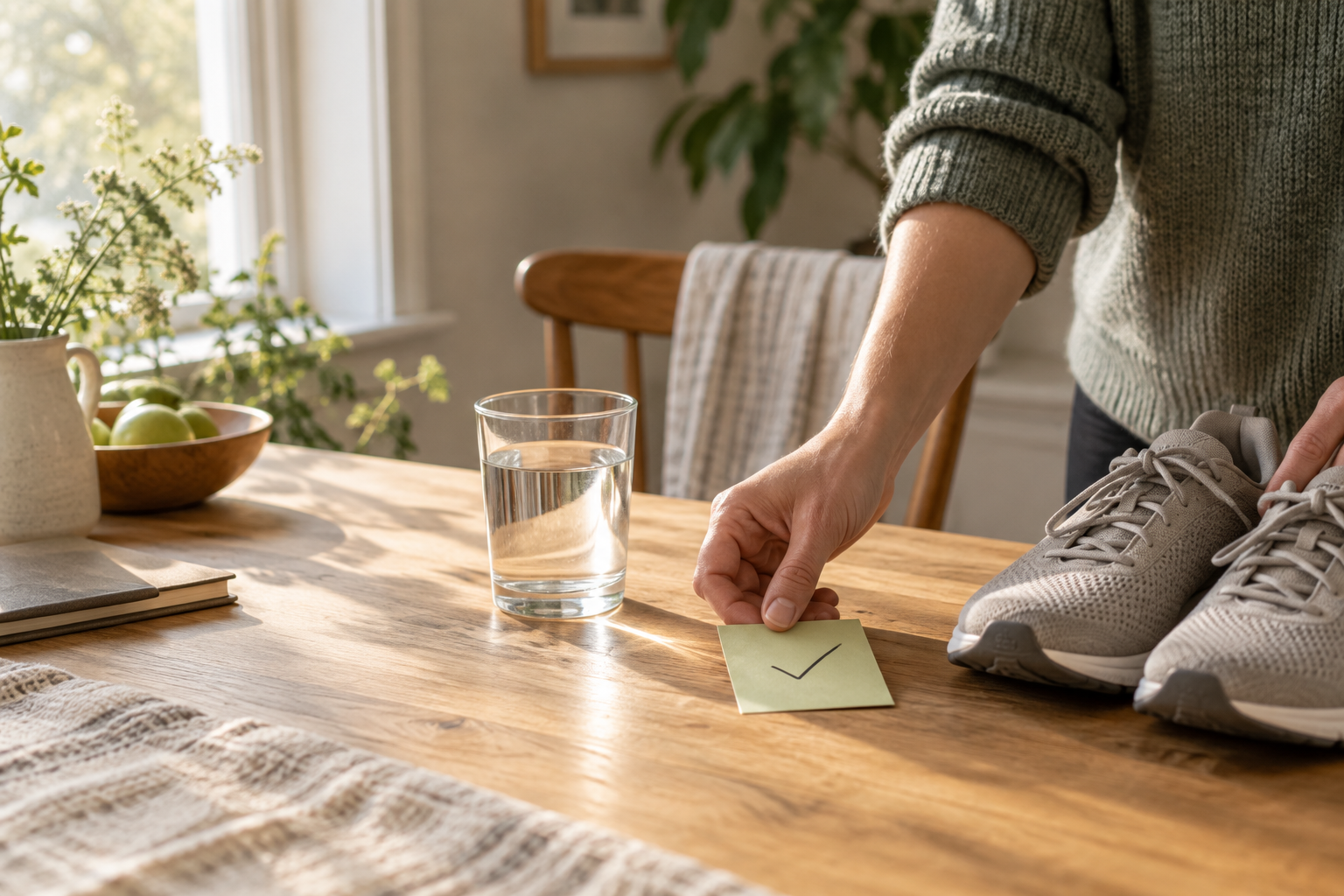 Hands marking a small completed habit beside a glass of water and walking shoes on a sunlit table