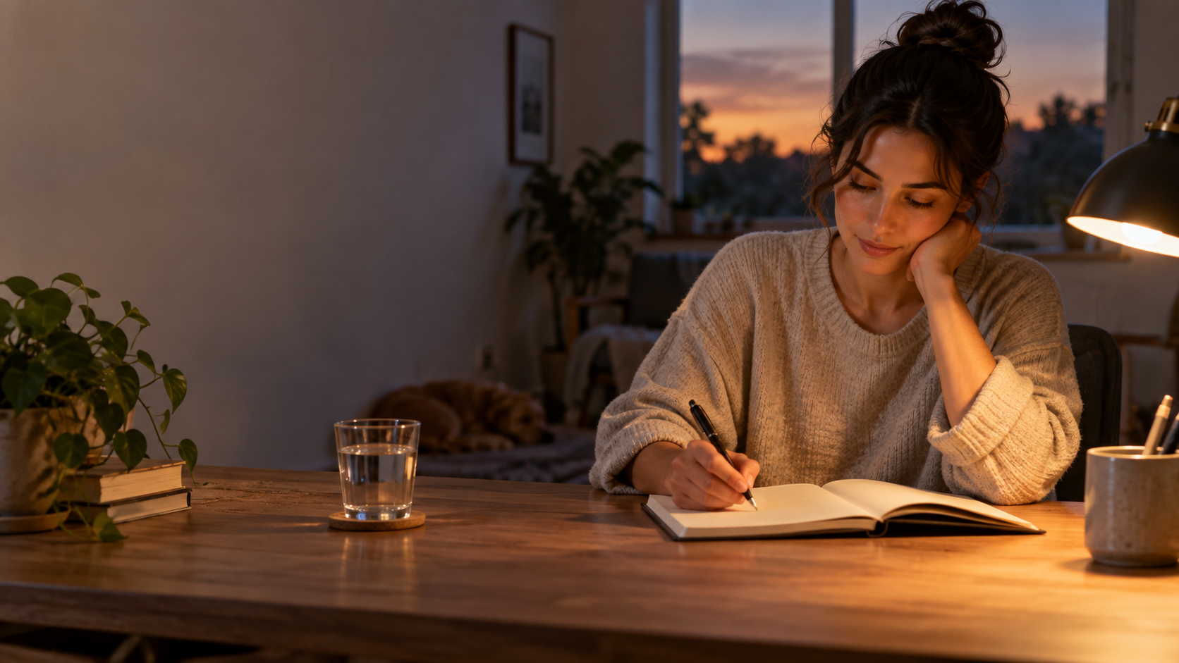Person writing a next step in a notebook at a warm desk in the evening