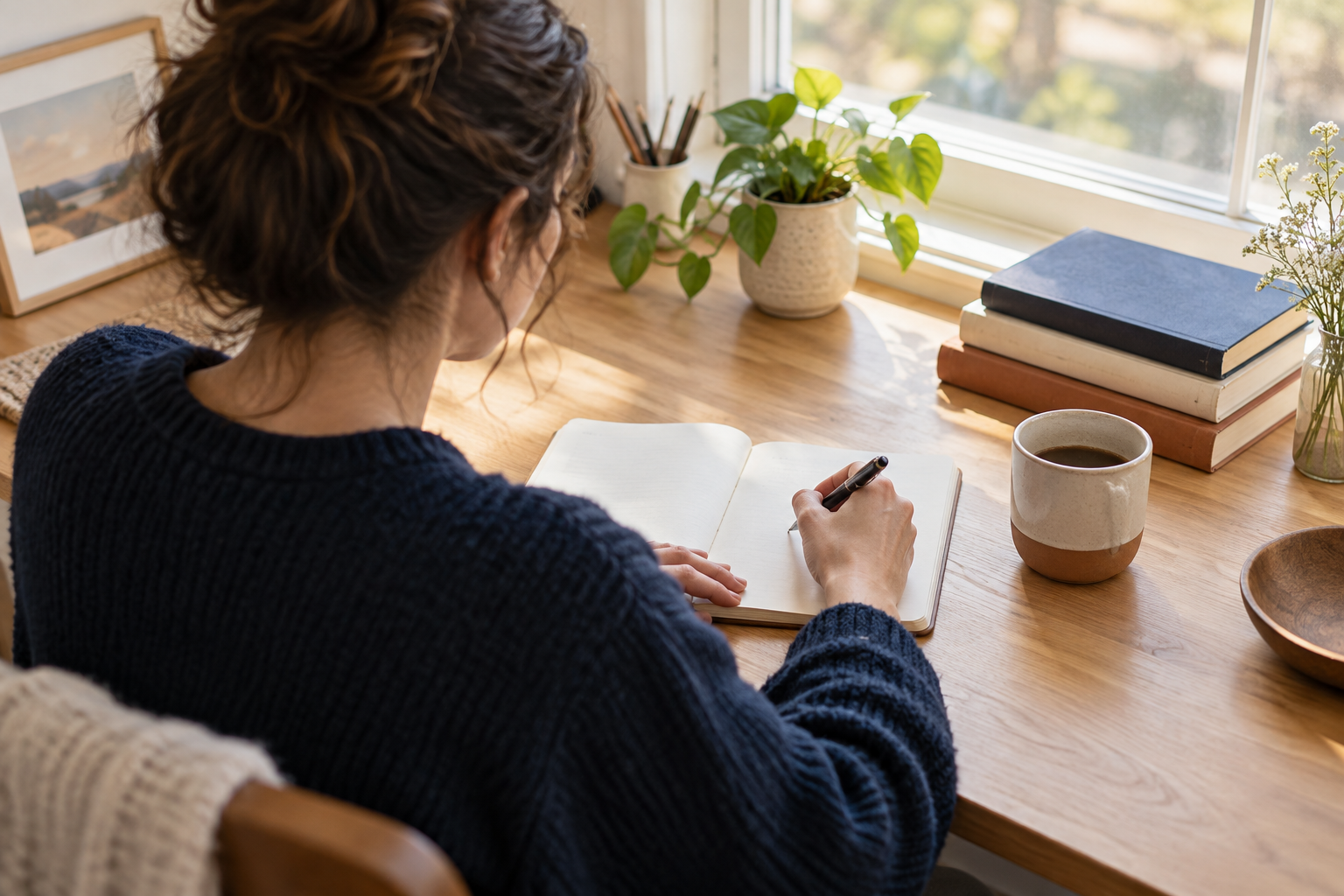 Learner writing questions in a notebook beside books at a sunlit desk