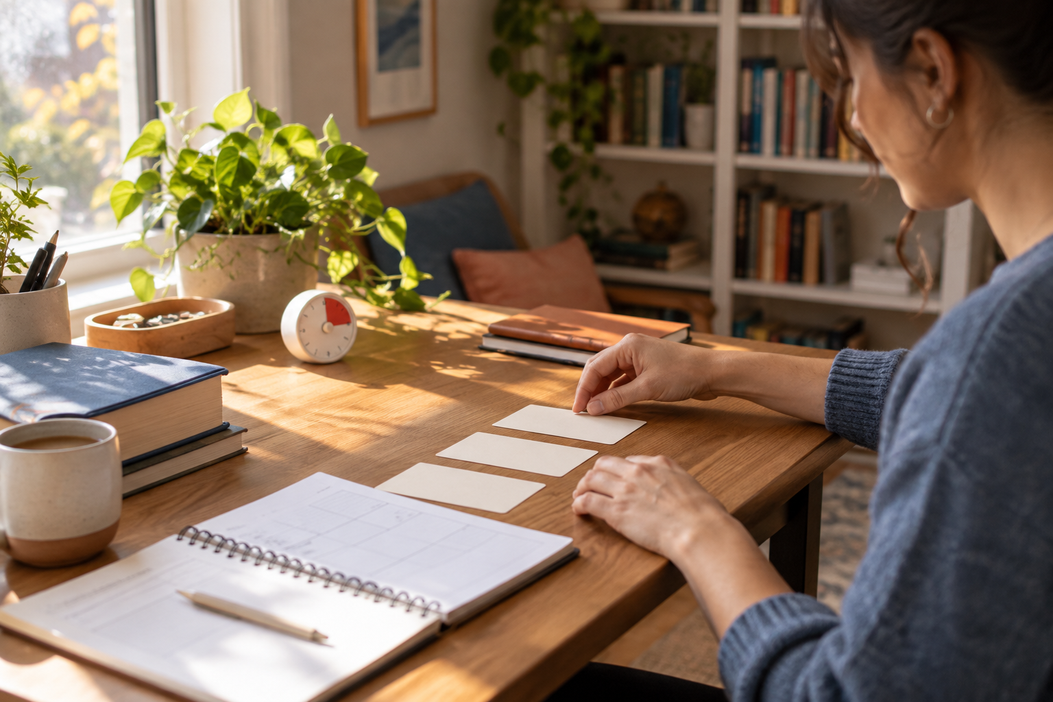 Person arranging blank study cards and a weekly learning plan at a sunlit desk