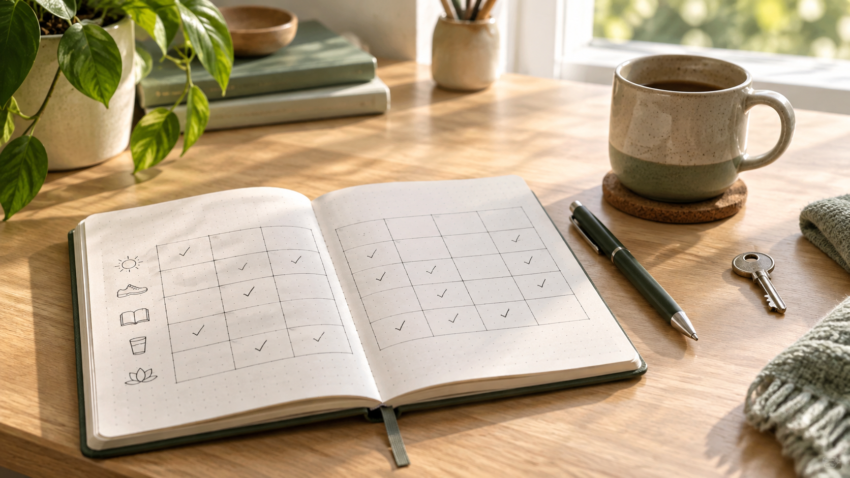 Open weekly habit tracker notebook on a sunlit desk with a pen, mug, and key.