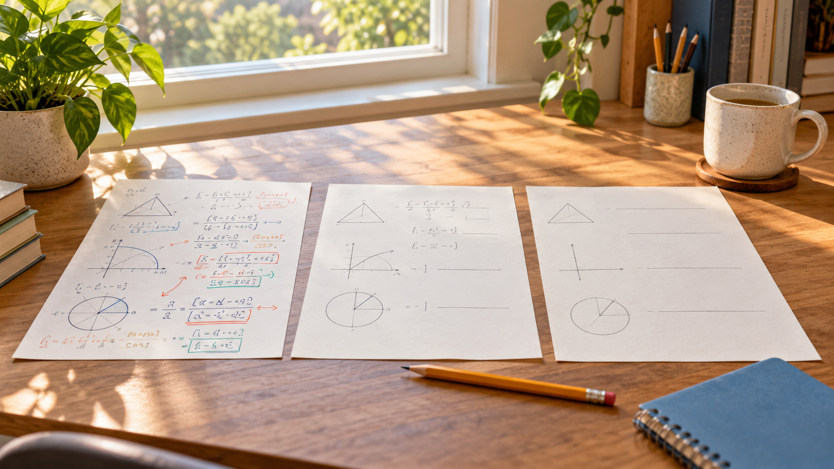 Three practice sheets move from a fully worked example to a partly completed problem and an independent exercise on a sunlit desk.