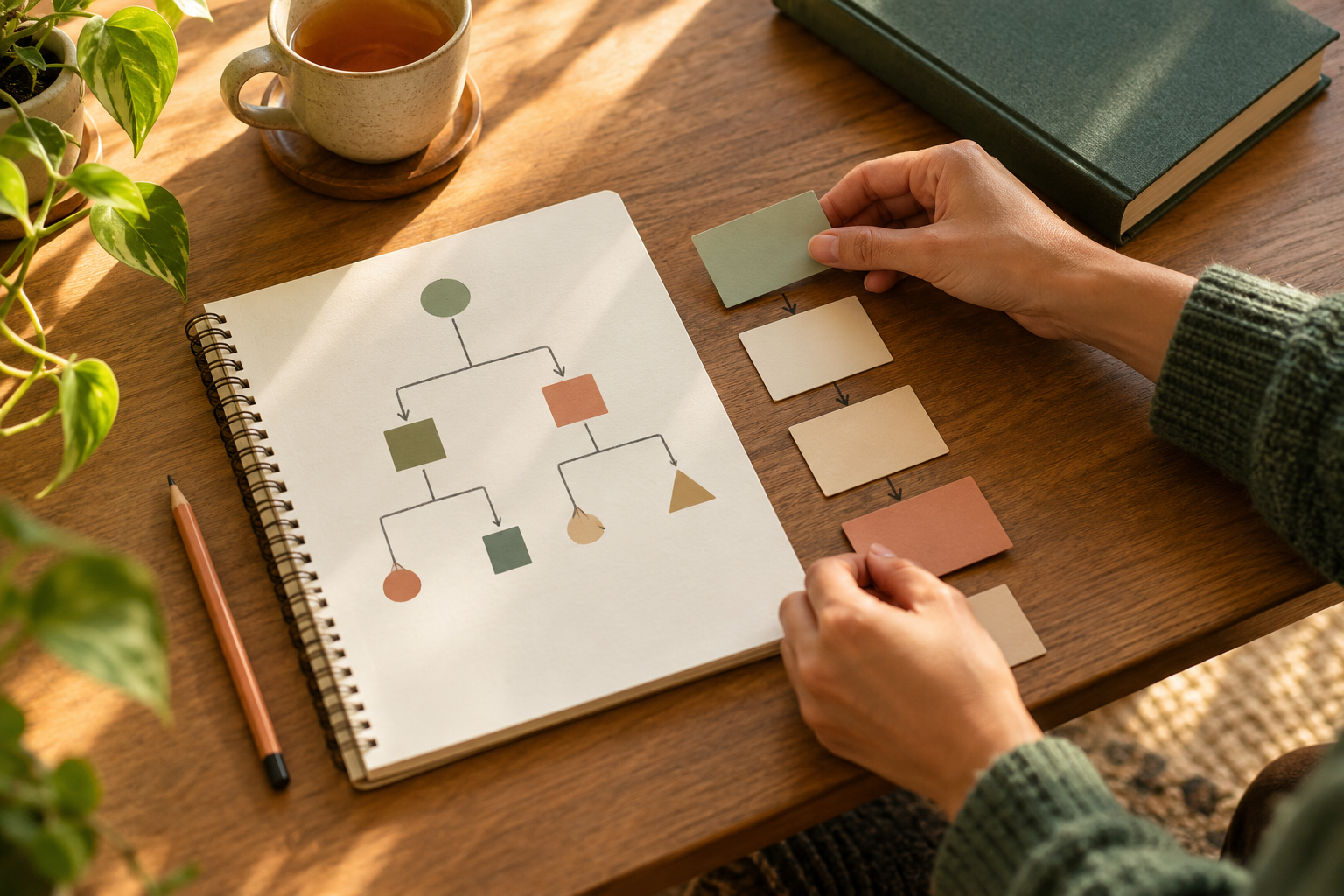 A learner arranges unlabeled note cards beside a hand-drawn branching skill map in a sunlit notebook.