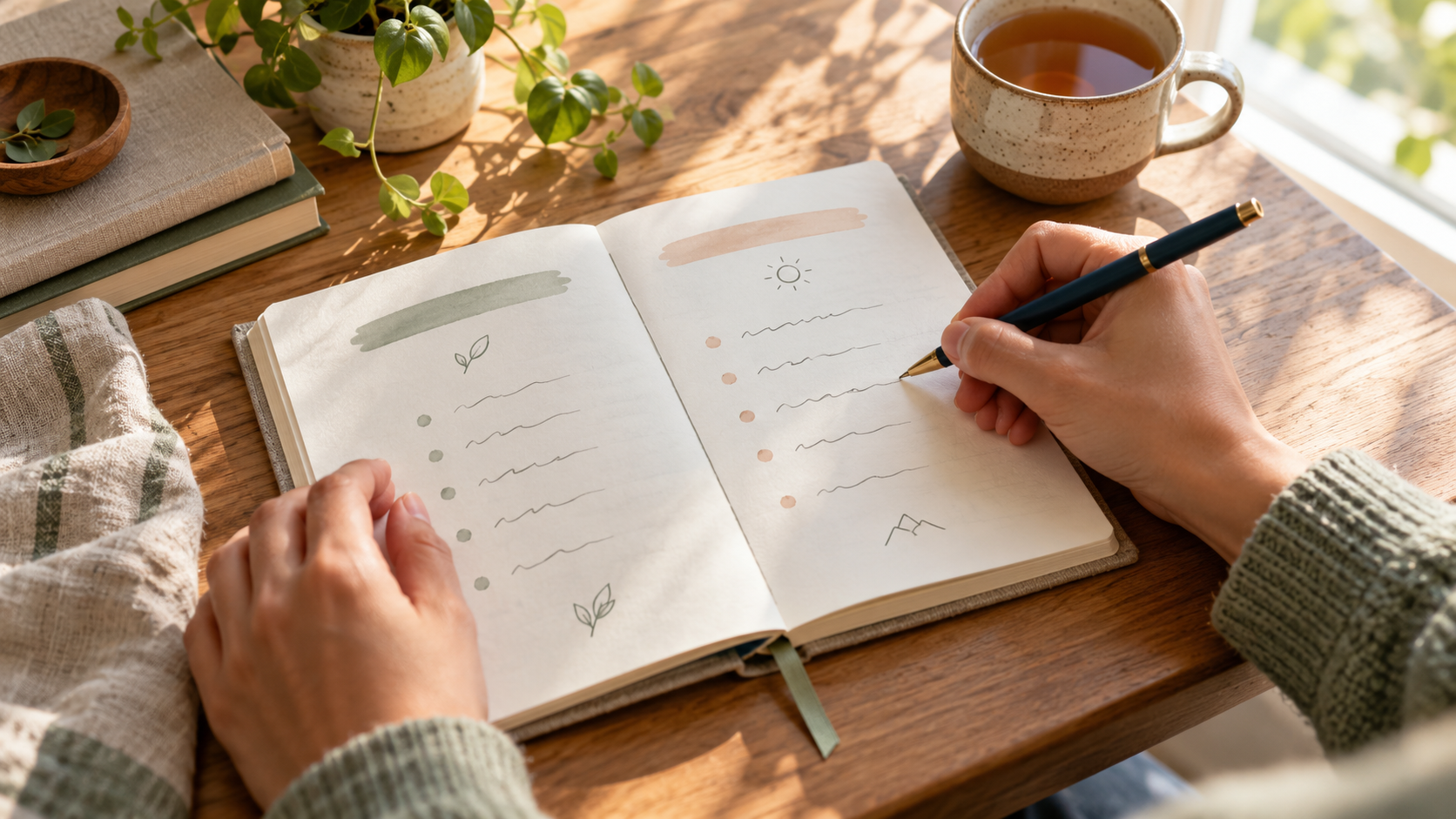 Person writing a two-column decision journal at a sunlit desk