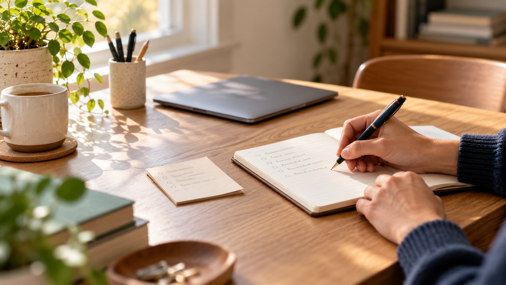 Person writing a focused next action in a notebook beside a small ideas list