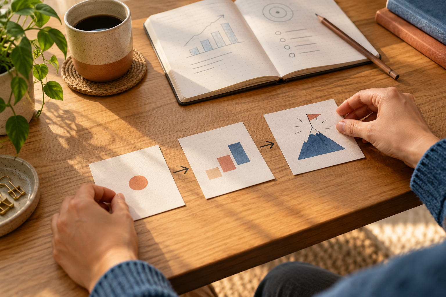 Hands arranging three visual practice cards from simple to challenging on a sunny desk