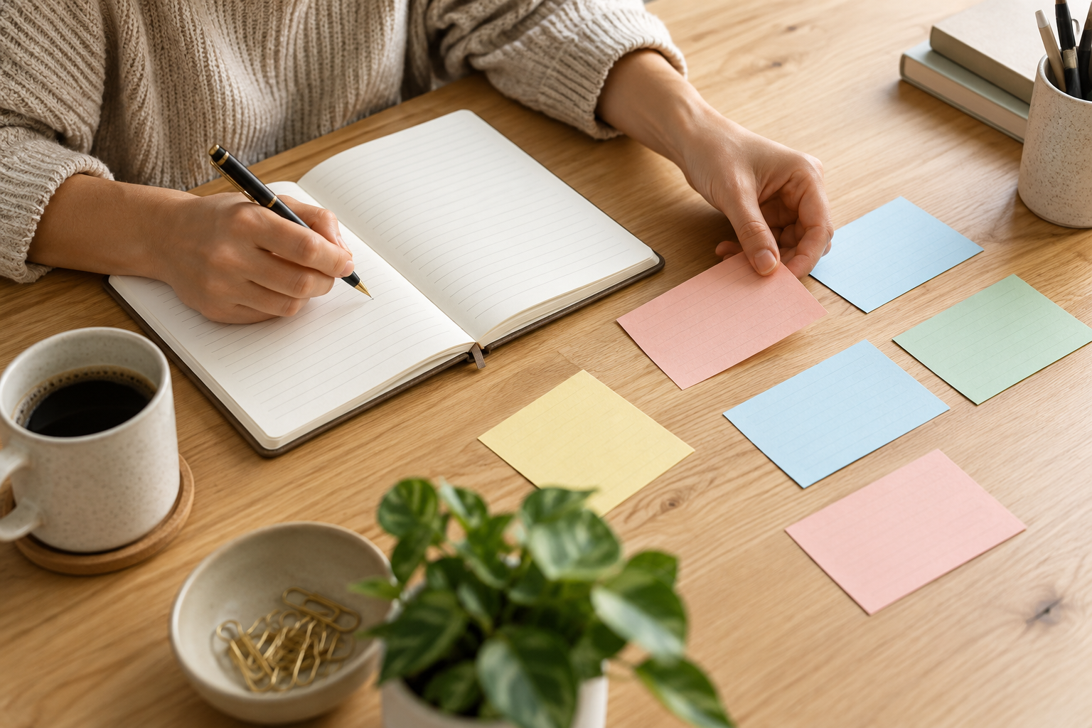 Hands writing a project-risk list in a notebook beside planning cards on a wooden desk.